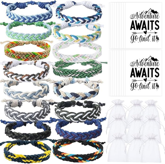 16 Set Friendship Bracelet Party Favors Braided Friendship Bracelets with Cards Adjustable Woven Friendship Bracelets Handmade Braided Bracelet for Teens Adults Camping Party Favors