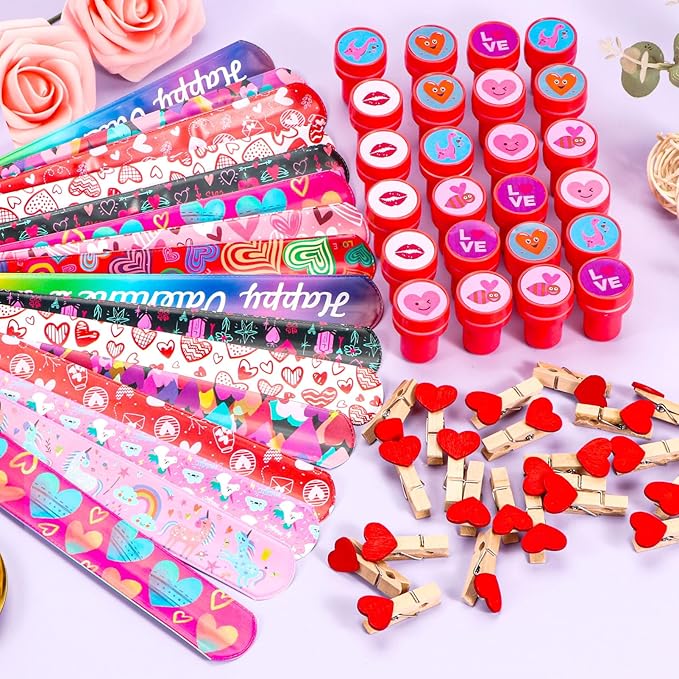 Atonofun 168 Pcs Valentines Day Gifts for Kids, Valentines Day Cards Crazy Straws Bulk Stickers Stampers Slap Bracelets Classroom Prize School Exchange Boys Girls Valentine's Day Party Favors