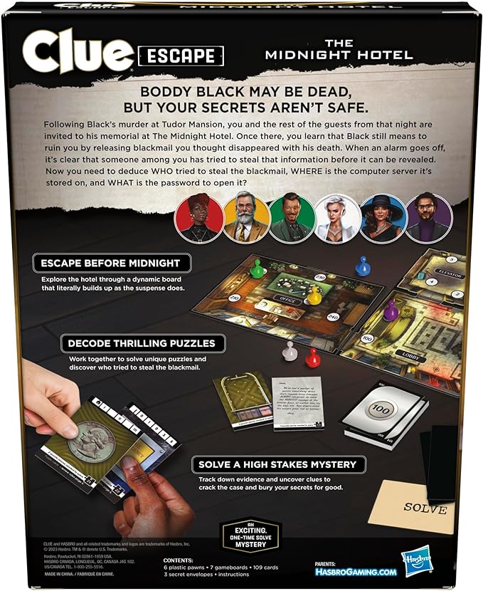 Clue Escape: The Midnight Hotel Board Game, Clue Escape Room Game, 1-Time Solve Mystery Games, Family Games for Ages 10+, 1-6 Players, 90 Mins. Avg.