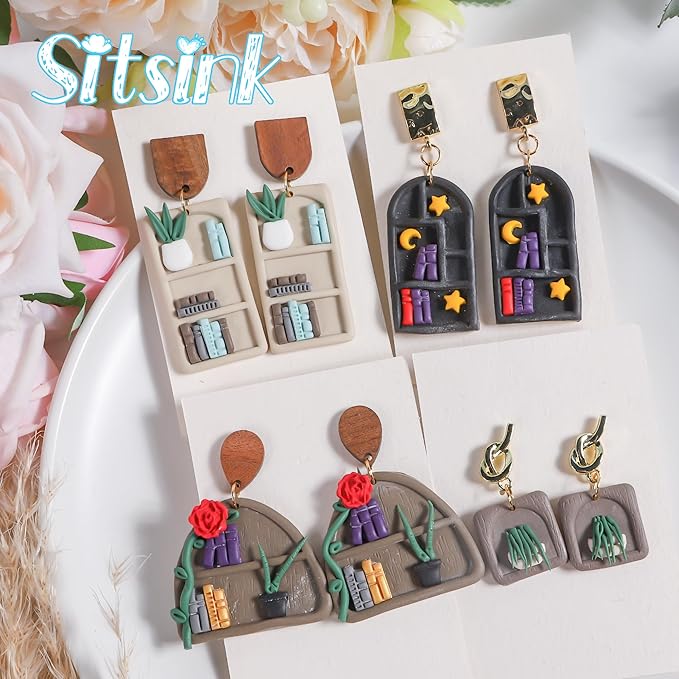 Sitsink Back to School Clay Cutters - 14 Pcs Bookcase Clay Cutters for Polymer Clay Earrings, Bookshelf Potted Plant Polymer Clay Earring Cutters, 3D School Books Polymer Clay Cutters for Jewelry