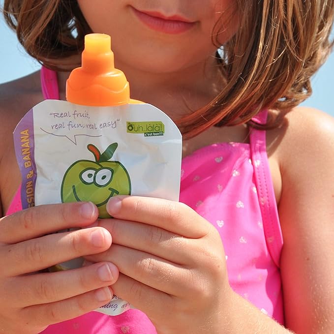 ChooMee SoftSip Food Pouch Top | Baby Led Weaning | No Spill Flow Control Valve, Protects Childs Mouth, 100% Silicone, BPA Free | Orange Aqua, 4 CT