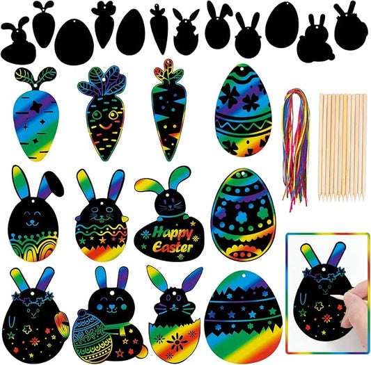 48 Pcs Easter Scratch Crafts for Kids, Rabbit Bunny Carrot Easter Egg Rainbow Scratch Paper Ornaments with Wooden Stick and Ribbon for Easter Party Favors