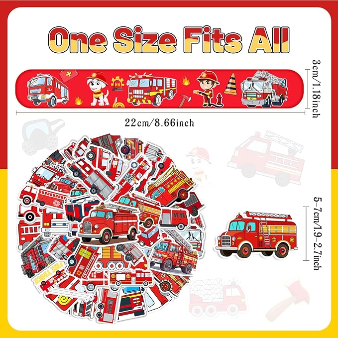 86PCS Fire Truck Party Favors 36PCS Fire Truck Slap Bracelets 50PCS Kids Fire Truck Stickers Firefighter Snap Bracelet for Kids Fire Truck Birthday Decorations Classroom Rewards Prizes