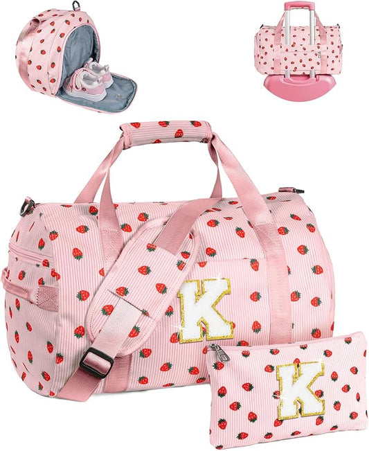 Tween Girl Trendy Stuff, Girls Gym Bag, Kids Personalized Weekend Duffel Bags with Shoe Compartment, Initial Travel Tote with Makeup Pouch, Holiday Gift for Grandkids (Letter K)