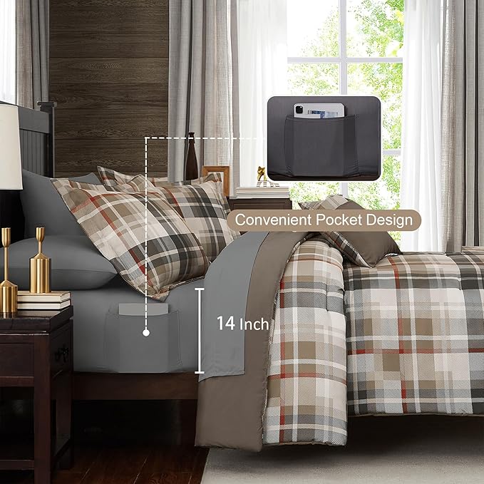 MaiRêve Comforter Set Full Size Khaki, Classic Farmhouse Bedding Set Bed in a Bag 7 Pieces, Lightweight All Season Comforter Set with Sheets, Pillowcases & Shams