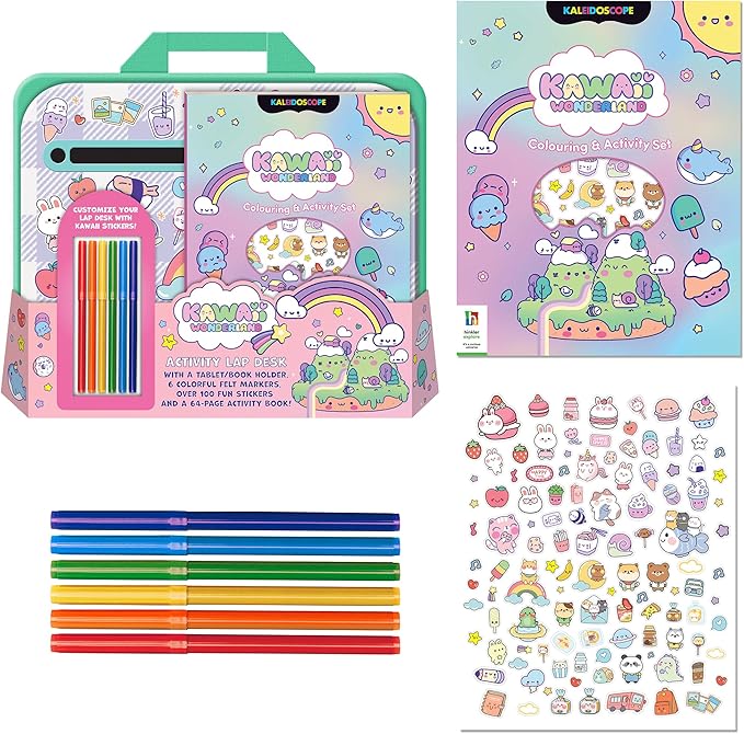 Kaleidoscope: Kawaii Wonderland Coloring & Activity Set - Carrier Functions As A Lap Desk, Kawaii Themed Book & Case, 100+ Stickers, Kids Ages 3+