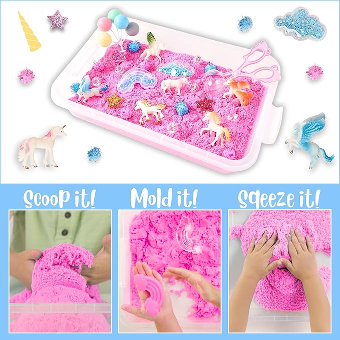 38 PCS Unicorn Sensory Sand Bin-Magic Sand, Sensory Bin for Toddlers & Sand Scooper-Count Sparkly Pom-Poms, Bring Unicorns to Life in a Magical Fairytale-Ideal Gift for Kids