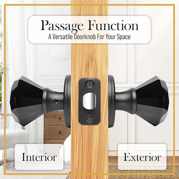 Black Crystal Door Knob, Glass Door Knobs Interior Non-Locking Set, Antique Decorative Vintage Style for Hallway, Closet, Passage Doors, 1 Pack