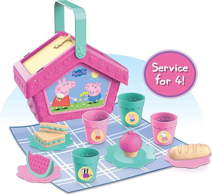 Just Play Peppa Pig Let's Have a Picnic Set, Travel Toy with Handle Includes 4 Settings and Play Food, 15-Pieces, Kids Toys for Ages 3 Up