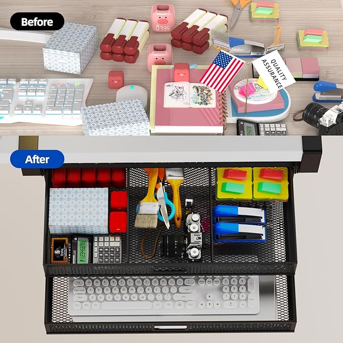 Under Desk Drawer Organizer No Drilling Under Desk Storage Drawer Organizer Metal Under Desk Slide Out Drawer Suitable for Home and Office(Large)