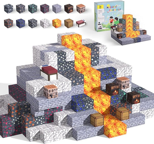 Magnetic Blocks - 128PCS Cavern Exploration - 1" Creative Magnetic Building Cubes Gift Set for Kids Ages 4-8