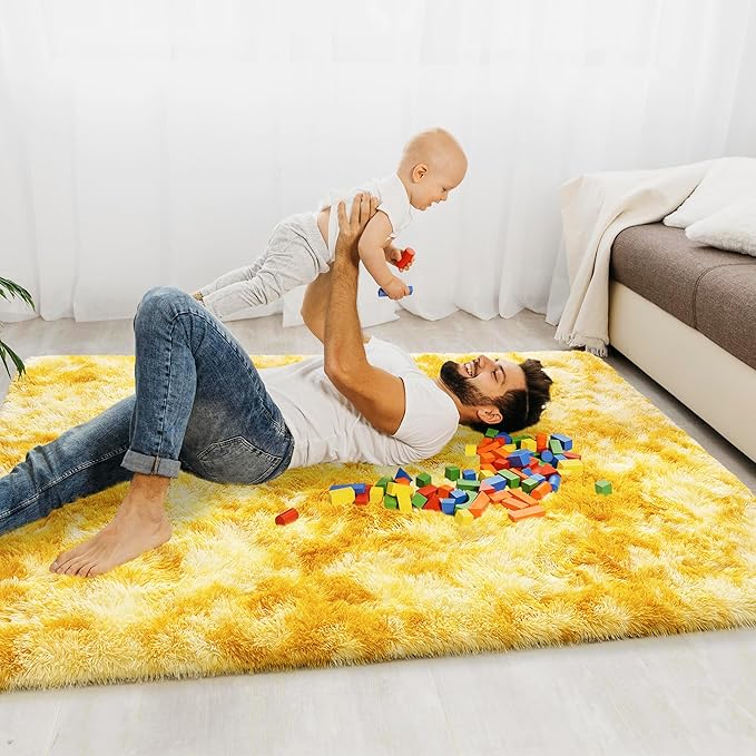 Xexsin Small Rugs for Bedroom, Fuzzy Throw Rug for Living Room Dorm, Soft Fluffy Bedroom Rug, Non Slip Shag Rugs, Modern Indoor Home Decor Aesthetic, 2x3 Feet, Tie-Dyed Yellow