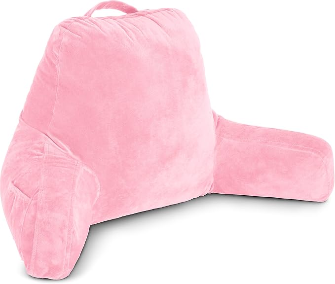 Husband Pillow Pink, Original Reading Pillow in Bed Rest Chair, Shredded Memory Foam Large Lounge Cushion Adult Backrest with Arms, Comfy Back Support for Sit Sitting Up, Washable/Removable Cover