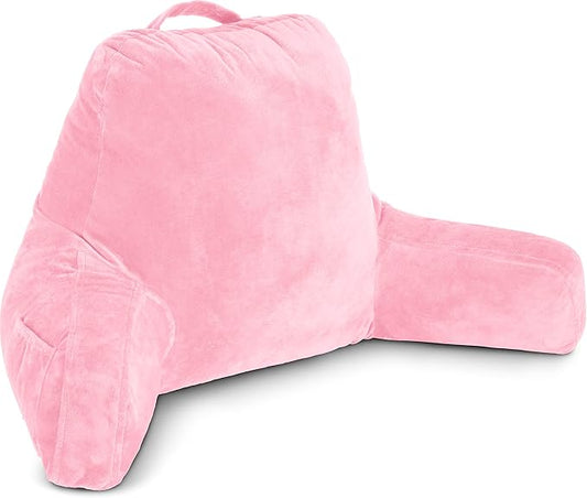 Husband Pillow Pink, Original Reading Pillow in Bed Rest Chair, Shredded Memory Foam Large Lounge Cushion Adult Backrest with Arms, Comfy Back Support for Sit Sitting Up, Washable/Removable Cover