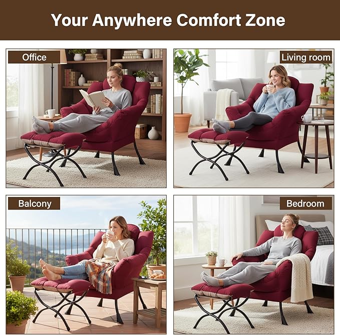 Welnow Lazy Chair with Ottoman, Modern Lounge Accent Chair with Armrests and a Side Pocket, Leisure Sofa Armchair, Reading Armchair with Footrest for Small Space, Burgundy