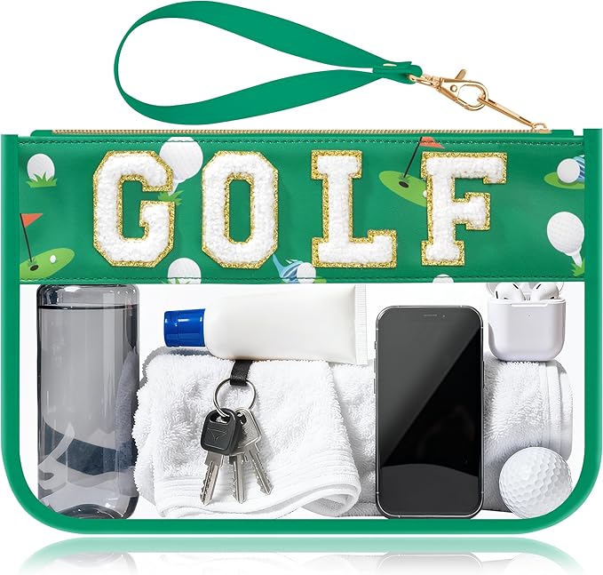 BuyCard Golf Gifts Makeup Bag with Chenille Letter Patch, Clear Cosmetic Pouch PVC Organizer Purse, Waterproof Travel Bag, Portable Toiletry Storage Bag for Her Friends