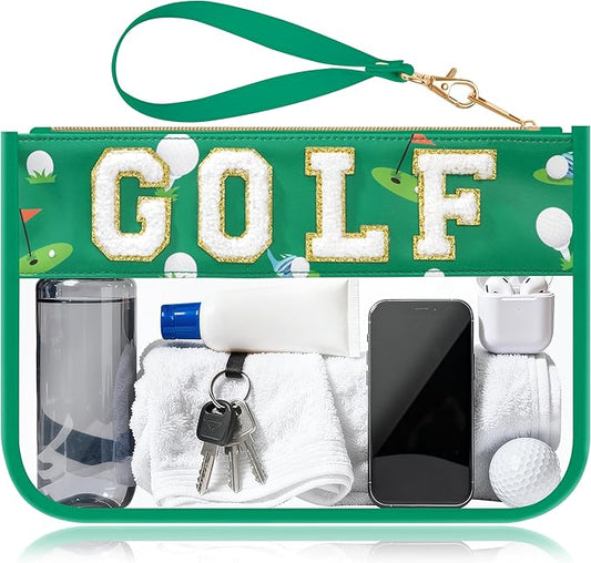 BuyCard Golf Gifts Makeup Bag with Chenille Letter Patch, Clear Cosmetic Pouch PVC Organizer Purse, Waterproof Travel Bag, Portable Toiletry Storage Bag for Her Friends