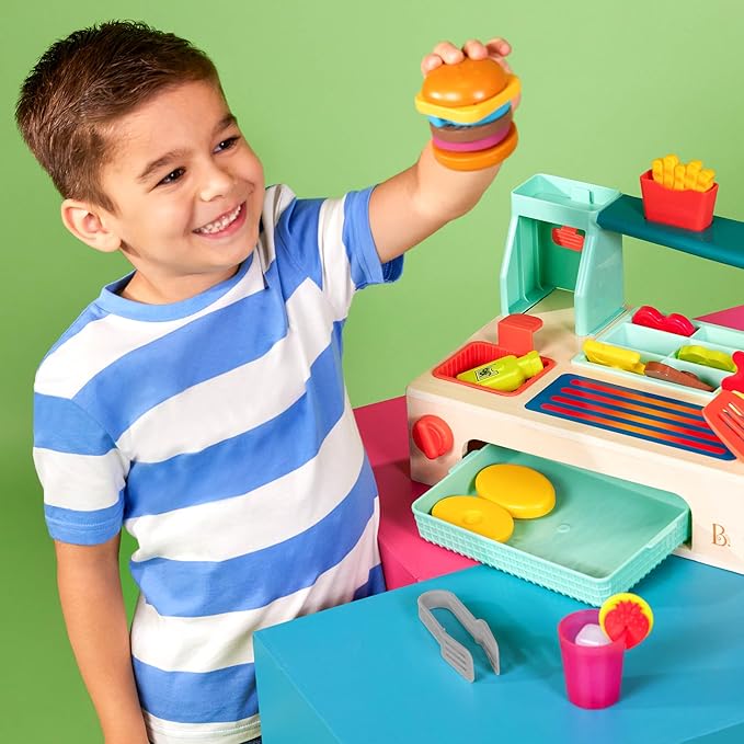 B. toys- Mini Chef - Build-a-Burger Playset- Pretend Play Wooden Burger Play Set – Play Food & Role-Play Accessories – Cooking Toys for Kids- 3 Years +