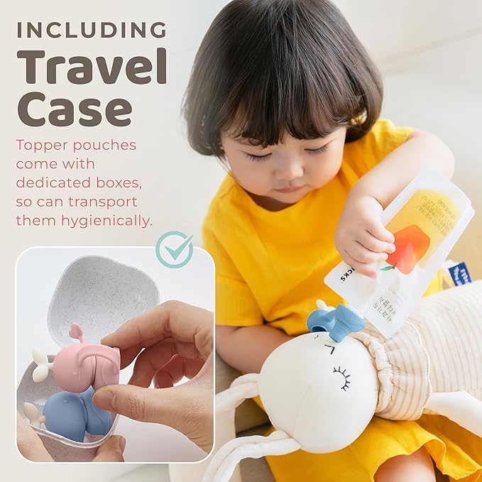 Whale SoftSip Food Pouch Topper | 2EA + Travel Case | Prevent Spills & Leakage | Protect Child Baby Toddler Mouth | Food Grade Silicone Reusable | Baby Led Weaning | BPA Free| Pink+Blue