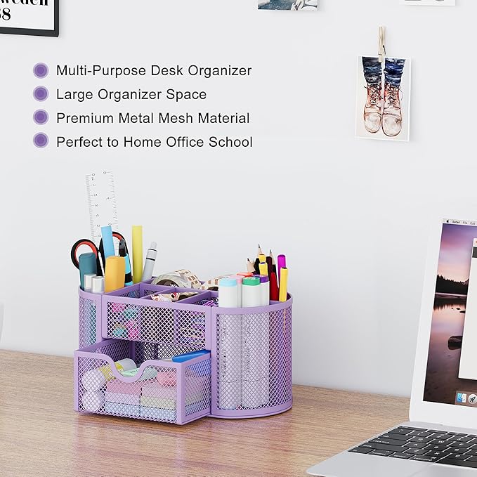 EasyPAG Mesh Pen Holder Desk Organizer with Drawer Stationery Supplies Organizer for Dorm School 9 Compartments Workspace Desk Accessories Organization for Office (Light Purple)