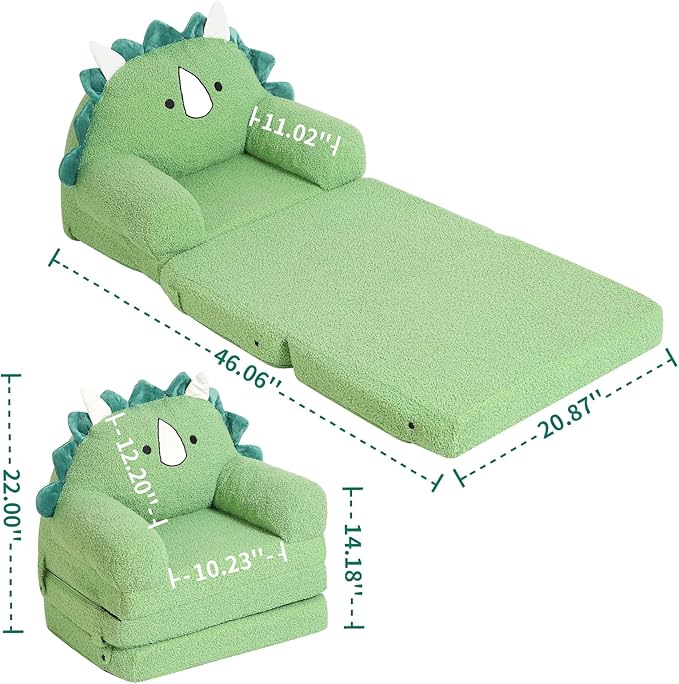 Foldable Kids Sofa, Triceratops Toddler Couch with Tri Folding Foam Cushions, Comfy Kids Couch for Kids Age 18 Months and Up