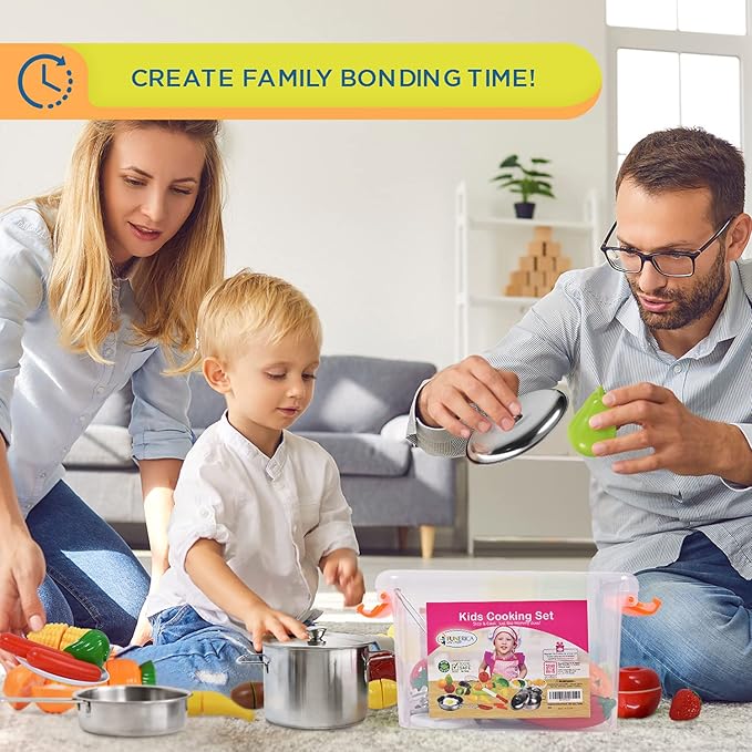 FUNERICA Play Food and Realistic Stainless-Steel Pots and Pans and Utensils - Cutting Fake Food and Pretend Toy Kitchen Accessories Cooking Toy Playset for Toddlers and Kids