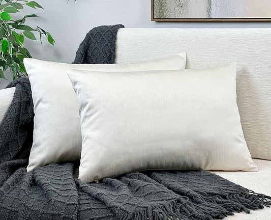 Aiking Home 12x18 Inches Faux Silk Rectangular Throw Pillow Cover, Zipper Closure, Ivory (Set of 2)