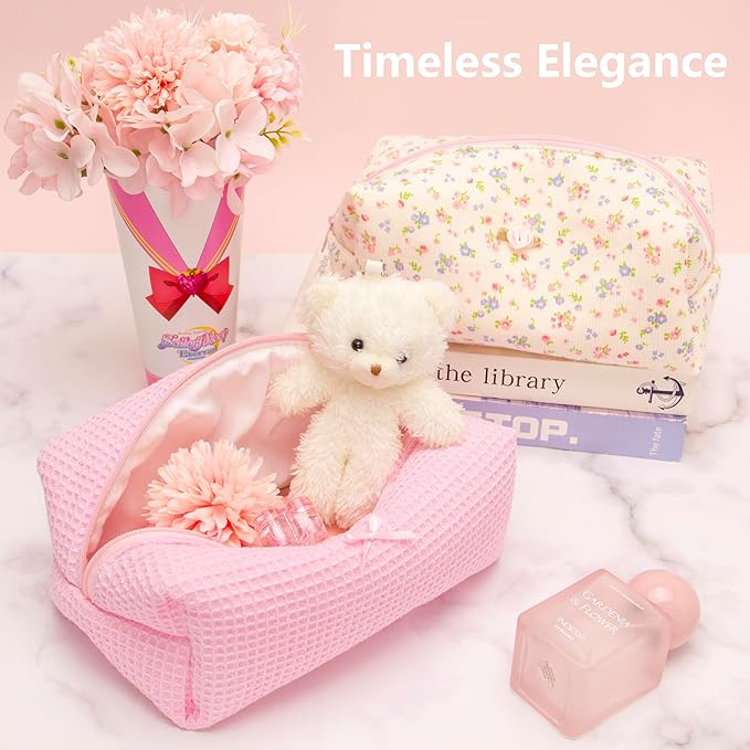 Cozy Makeup Bag Travel Cosmetic Bag for Women Soft Toiletry Bag Aesthetic Makeup Organizer Portable Large Zipper Pouch for Skincare Beauty Accessories Brushes Walffle Check Pink