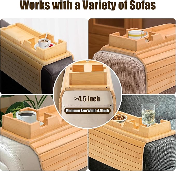Bamboo Couch Cup Holder, Foldable and Anti-Slip Sofa Arm Table with Detachable Sofa Arm Organizer Tray, Portable 2 in 1 Sofa Armrest Tray for Drink, Coffee, Cup, Remote, Snacks, Cellphone, Glasses