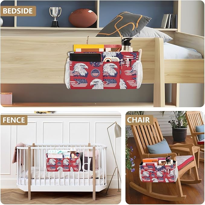 American Flag Bald Eagle Red Bedside Caddy for Dorm Bed Bedside Hanging Caddy Bag Iron Frame Storage Organizer Pocket for Bunk Home College Hospital Beds 2 Hooks