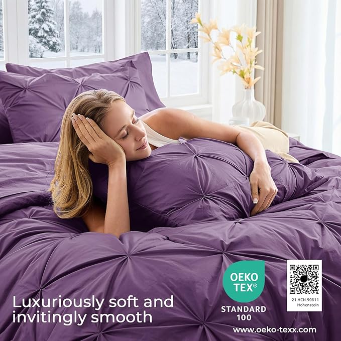 Sasttie California King Comforter Set, 7-Piece Bed in a Bag Cal King, Pintuck Bedding Set for All Season, Includes Comforter, Flat Sheet, Fitted Sheet, Pillowcases and Pillowshams, Grape Purple