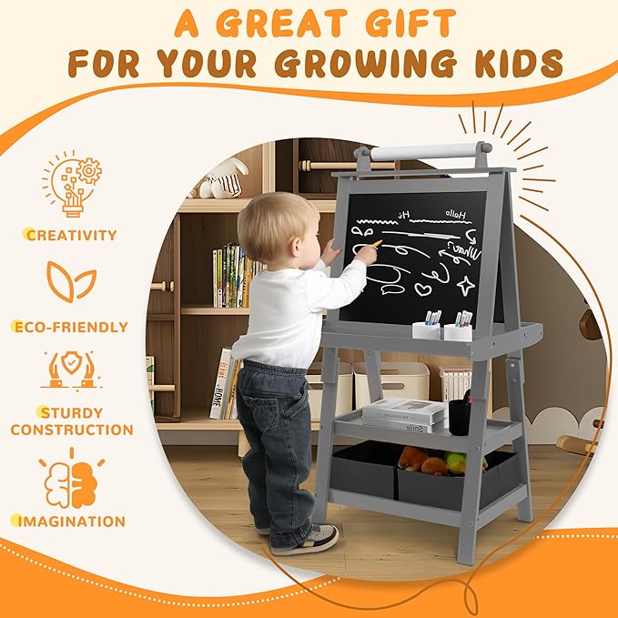 Elevon Art Easel for Kids, Wooden Kids Easel 3 in 1 Adjustable Double Sided, Whiteboard, Chalkboard & Paper Roll, 2-Tier Rack w/ 2 Storage Boxes, Standing Easel for for Painting & Drawing