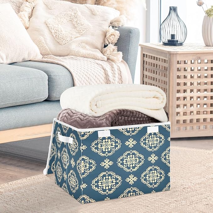 senya Large Storage Bins with Linen Collapsible Foldable Storage Cubes Fabric Closet Organizer Containers box with Flip-Top Lid for Home Bedroom Office 16.7 x 12.6 x 11.8in (Pattern Flower)