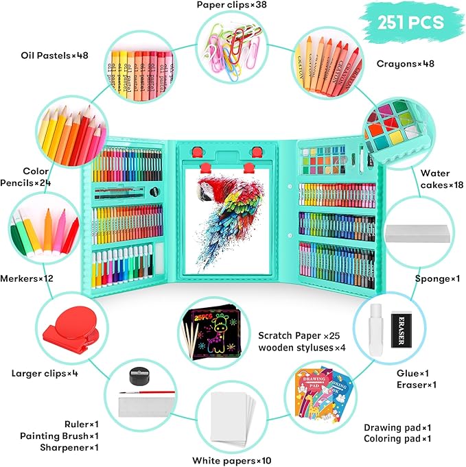iBayam Art Kit, 251-Pack Art Supplies Drawing Kits, Arts and Crafts Gifts Box for Kids Teen Girls Boys, Art Set Case with Trifold Easel, Scratch Paper, Sketch Pad, Coloring Book, Crayons, Pencils