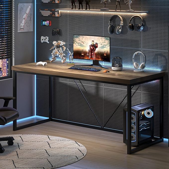 FOLUBAN Industrial Computer Desk, Rustic Wood and Metal Writing Desk, Vintage PC Table for Home Office, Oak 60 inch