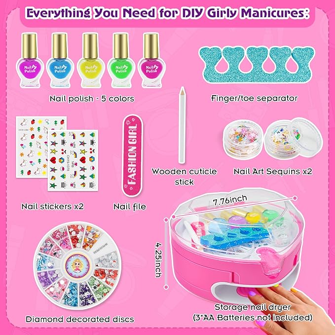BATTOP Kids Nail Polish Set for Girls, Nail Art Kit for Kids with All-in-One Organizer Nail Dryer, Polish, Stickers, Gems, Filer - Ideas Gift for Girls 6 7 8 9 10 11 12 - Dress-Up Toy