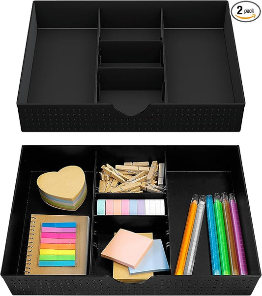 CAXXA 2 Pack 3 Slot Drawer Organizer with Two Adjustable Dividers - Junk Drawer Storage for Office Desk Supplies and Accessories, Black (2 Pack)