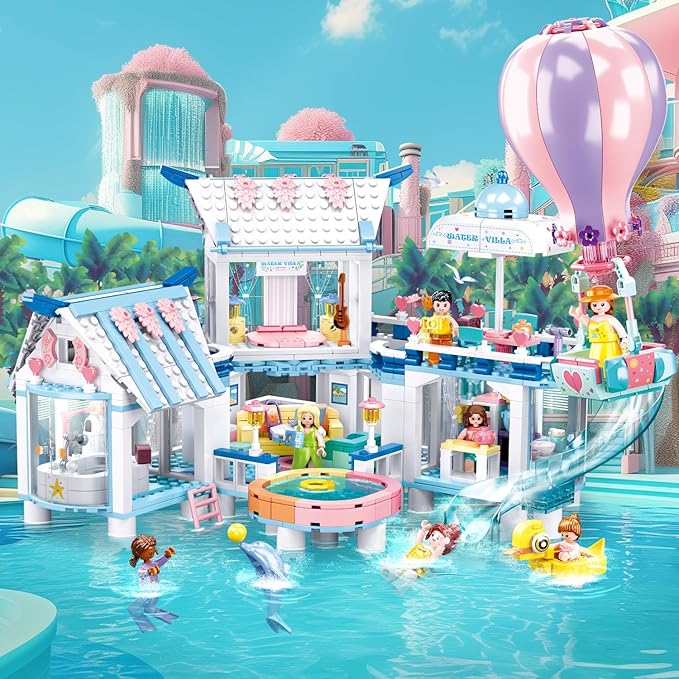 Friends Water Villa Building Set with 7 Minifigures, Summer Vacation Villa Friends Building Toys for Girls, Compatible with Lego Friends Girls, for Princess Girls, 938 PCS