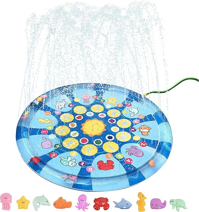 4 in 1 Splish Splash Learning Pad – Outdoor 60” Sprinkler Water Toy for Toddlers and Kids | USA Patented Swimming Ocean Animals | Inflatable Pool with Matching and Learning Games