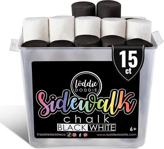 Loddie Doddie 15ct Bucket of Black & White Jumbo Sidewalk Chalk - Non-Toxic Sticks - Reusable Bucket for Fun & Creativity with Easy Cleanup