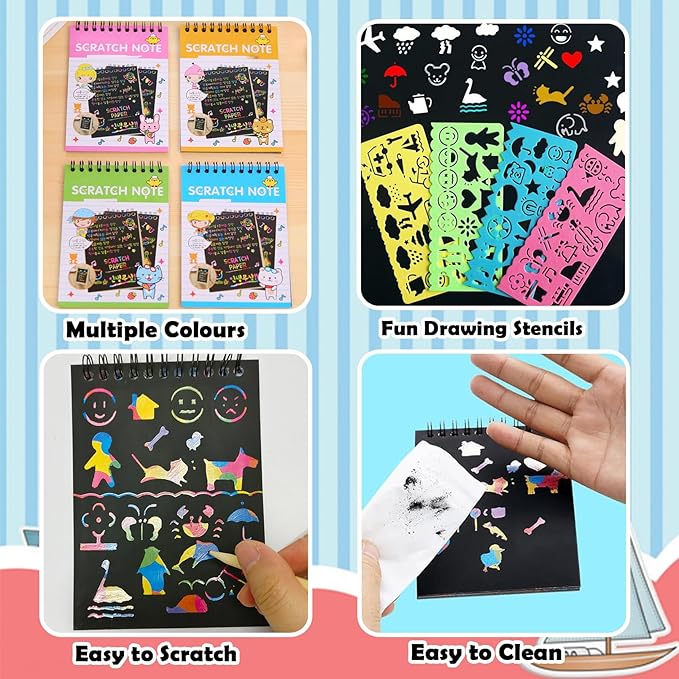24 Pack Scratch Notebooks,Rainbow Scratch Paper Art Notebooks,Scratch Note Pads for Kids Rainbow Party Favors,Scratch Arts and Crafts Notebooks with 24 Wooden Stylus & 12 Drawing Stencils