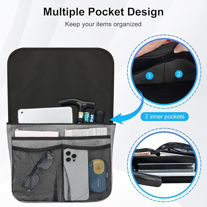 supregear Wheelchair Carry Bag - Accessories Pouch for Rollator, Walkers, Power Wheel Chairs and Knee Scooters - Side Armrest Storage Organizer for Elderly Seniors - Lightweight Portable Travel Tote