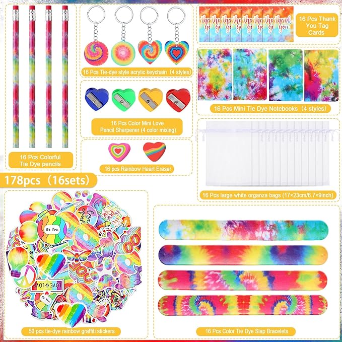 178 Pcs Tie Dye Party Favors Bulk Rainbow School Stationery Set with Slap Bracelets Mini Notebooks Stickers Pencils Heart Eraser Sharpener Keychains for Kids Students Class Reward Prize Supplies