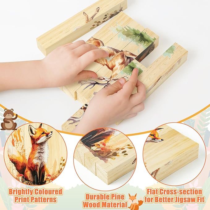 CJiangpo Wooden Animal Chunky Puzzles - 4 in 1 Woodland Animal Puzzle Blocks Sensory Toys for Toddlers 2+ Years, Realistic Rectangular Building Block Stacking Educational Toy Game for Boy Girl