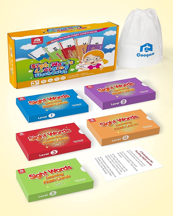 Coogam 520 Sight Words Learning Vocabulary Flash Cards, Dolch Fry High Frequency Sight Word Educational Montessori Toy for Pre-k Kindergarten 1st 2nd 3rd Grade Homeschool