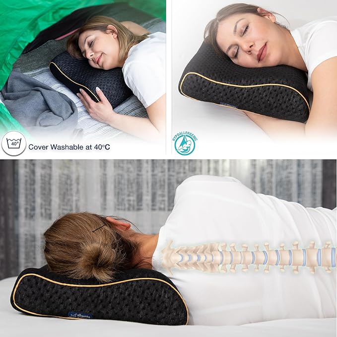 alkamto Travel & Camping Comfortable Memory Foam Pillow – Easy to Carry Portable Bag – Temperature Regulating Pillow Case (Black Contour)