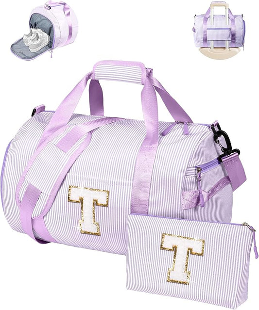 Trendy Stuff for Tweens, Girls Travel Duffle Bag, Kids Initial Overnight Duffel Bags with Shoe Compartment, Personalized Dance Bag with Cosmetic Pouch, Gift for Teenager (Letter T)