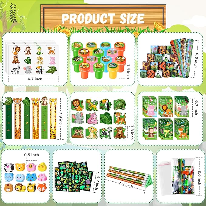 BenLouis 240Pcs Jungle Safari Party Favors Zoo Animals Sticker Stampers Slap Bracelets School Stationery Set Bulk Classroom Prizes for Kids Wild One Party Baby Shower Goodie Bags Fillers