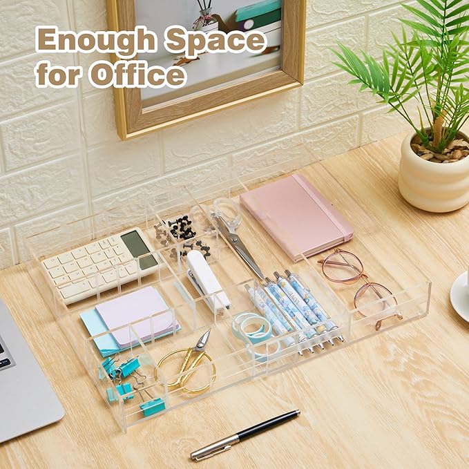 Briwooody Acrylic Drawer Organizer Clear Desk Drawer Organizer Trays with Adjustable Compartments Desk Accessories for Office Stationery Makeup Silverware Bathroom(Expandable)
