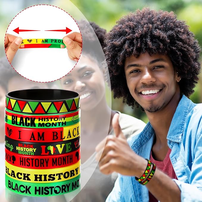 JUNEBRUSHS 42pcs Happy Black History Month Party Favors Silicone Bracelets Rubber Wristbands Accessories for Kids Adults African American Freedom Day Patriotic Party Decorations Gift Bag Fillers